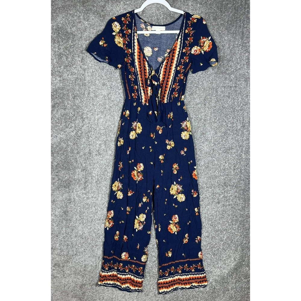 Band Of‎ Gypsies V-Neck Tie Front Boho Jumpsuit Womens Size XS Navy Floral